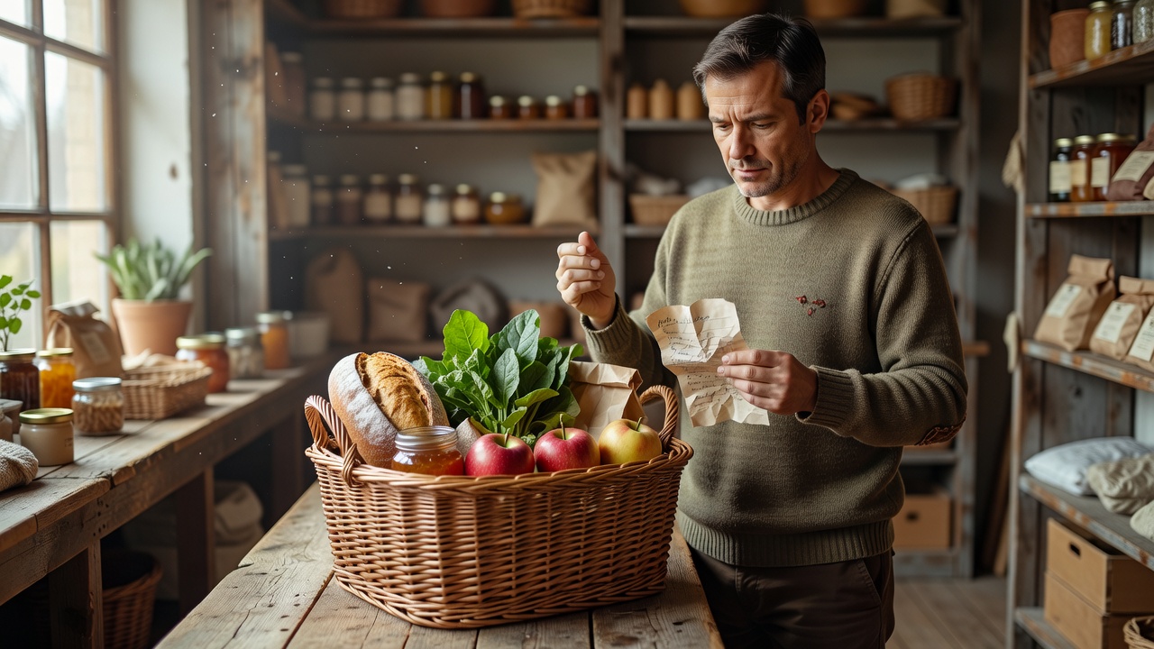 Adult reviewing a shopping list beside a basket in a naturally lit shop