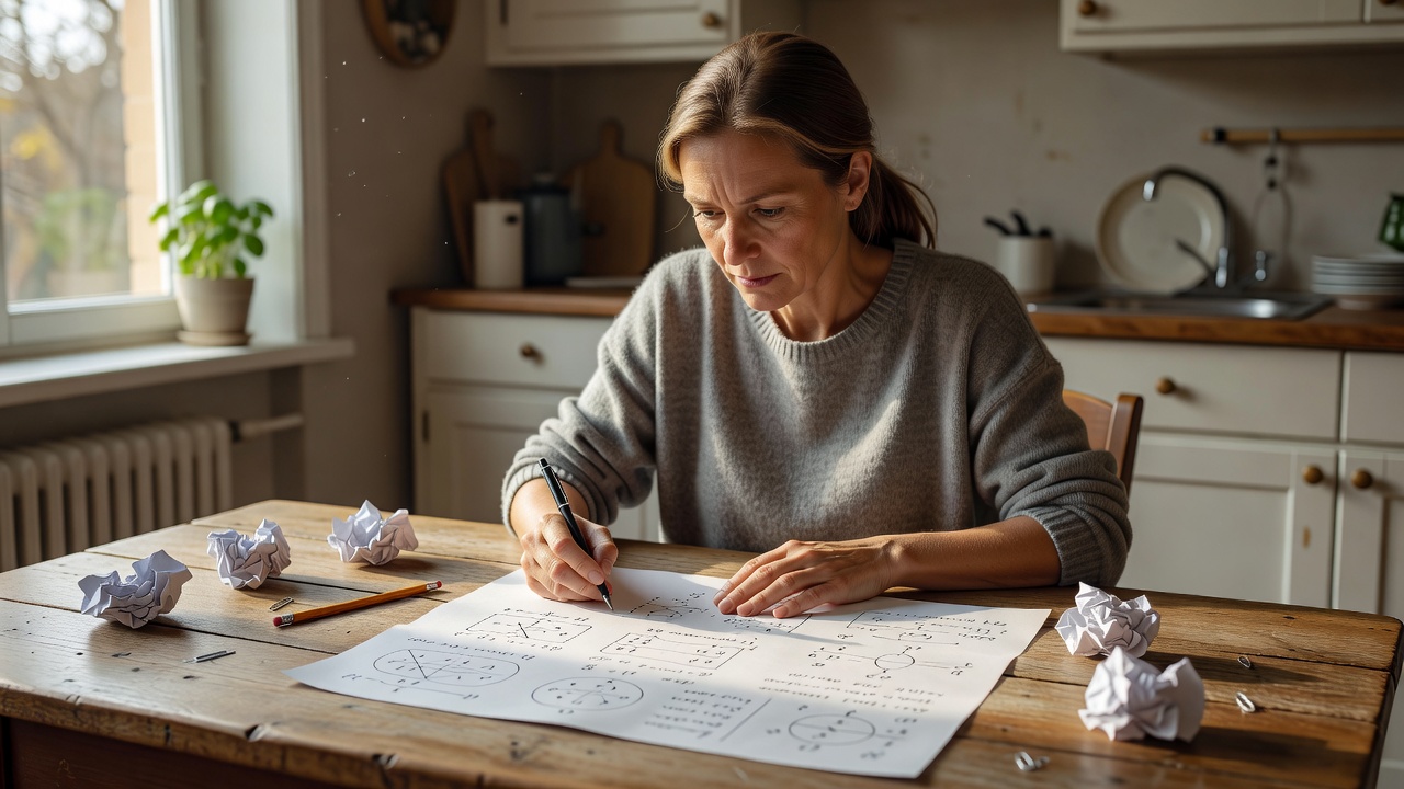 Adult working through a written calculation at a naturally lit kitchen table