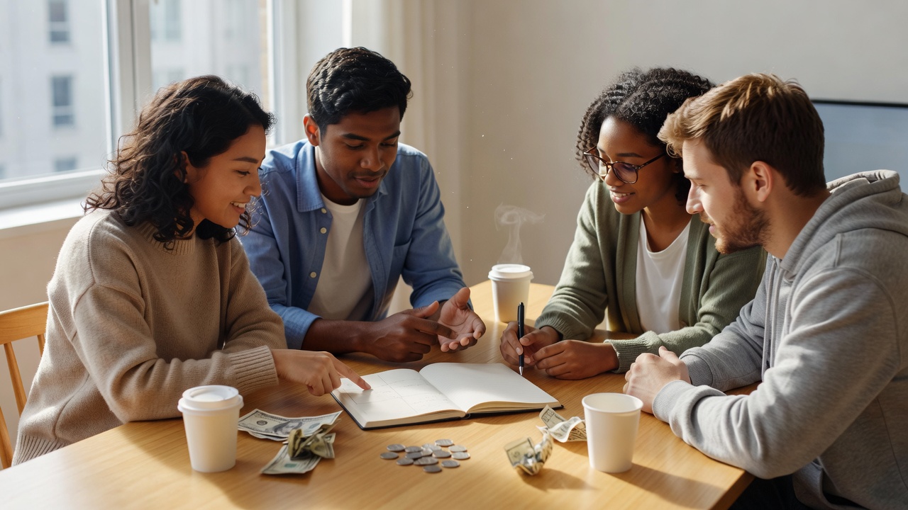 Friends using a notebook to work out shared costs at a bright table