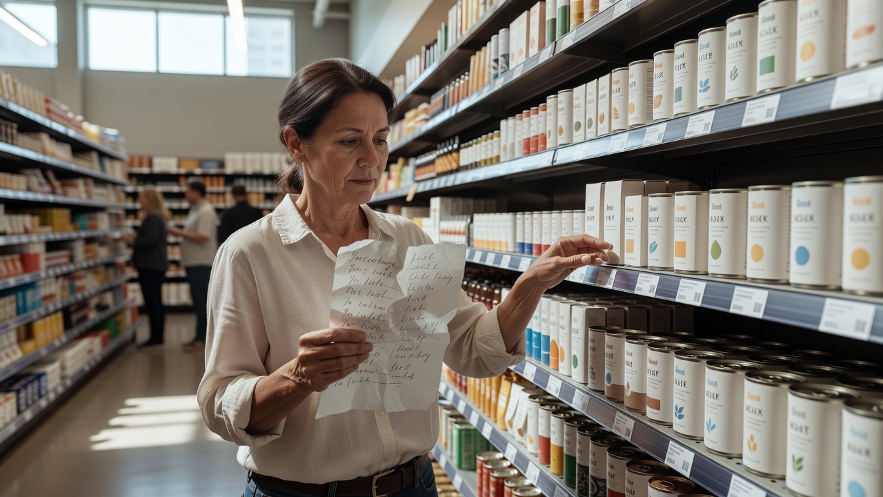 Adult checking shopping notes against labels in a naturally lit store